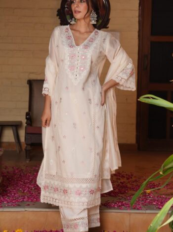 23a6f21b-75c1-431d-9b47-fd8e18114c57 Suntaara Women's Mul Chanderi 3-Piece Kurta Set – White